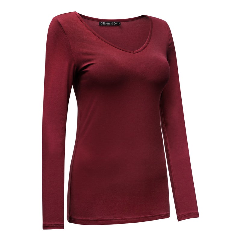 OThread & Co. Women's Long Sleeve T-Shirt V-Neck Basic Layer Stretchy Shirts (Medium, Burgundy) - Image 3